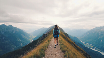 A woman hikes up a steep hill in the mountains, great for adventure or outdoor theme