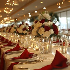 Festive red and white wedding reception table settings