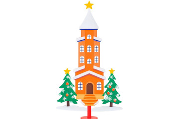 An Illustration Of A Christmas Church With Trees Snow And Stars On Transparent Background