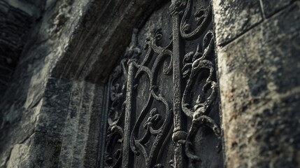 Ornate iron hinges, door. Generative AI