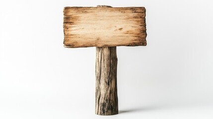 Rustic wooden signboard on vertical post isolated on light background wall.