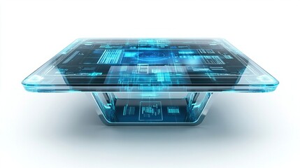 Futuristic transparent glass table with holographic interface.