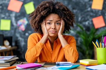 A woman sitting at a desk with her head in her hands