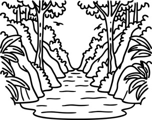 Naklejka premium serene river flowing through lush forest peaceful nature scene with trees, water, and greenery