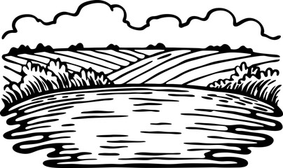 Scenic countryside landscape with rolling hills and serene water body under cloudy sky