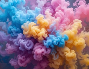 Fototapeta premium A burst of thick, vibrant smoke in blue, pink, and yellow hues, isolated for artistic compositions.