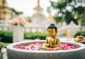 Small golden buddha statue bathing in rose petals in a temple basin during a religious ceremony