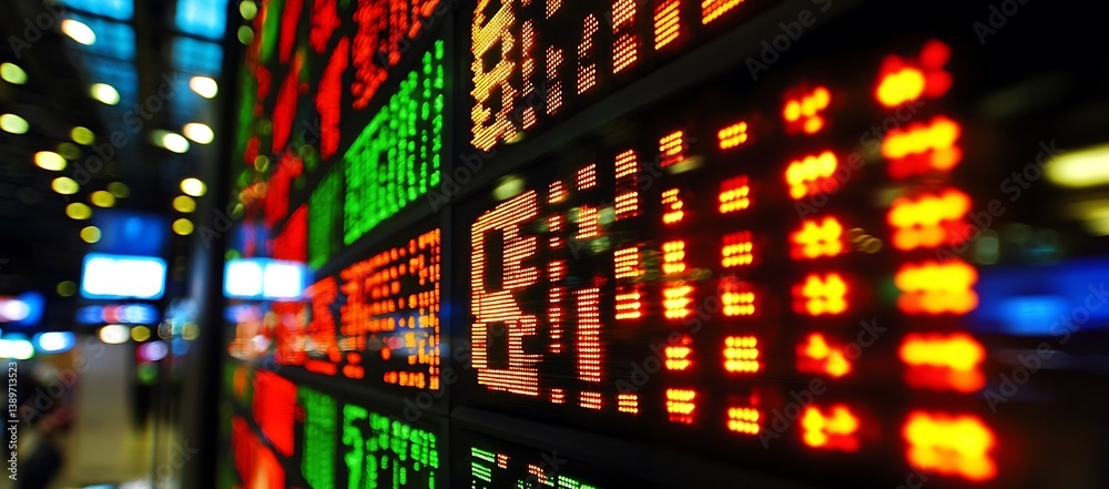 Poster displays showcasing information with colorful illuminated numeric and textual data