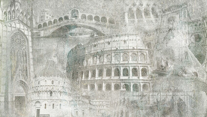 Montage photo of Italy on vintage background.Digital fresco. Fresco, tiles design.The collage for mural