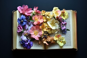 Colorful assorted flowers elegantly displayed upon the open book pages
