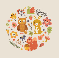 Autumn illustration with an owl, a squirrel, and a hare