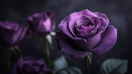 Elegant purple roses with artistic dark background in a soft focus setting