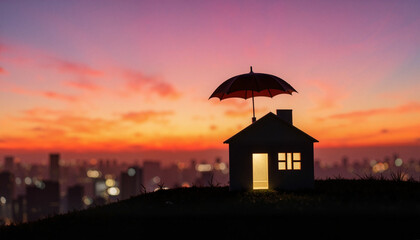 Obraz premium Minimalist house silhouette under umbrella at dusk, protection concept