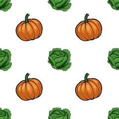 A vector seamless pattern featuring orange pumpkins and green cabbages on a white background. The pumpkins are round and ribbed, while the cabbages are leafy, creating a vibrant autumn theme.