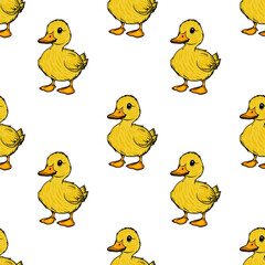 A vector repeating pattern of cute cartoon yellow ducks on a white background. Each duck is smiling and has a rounded body with small wings and webbed feet.