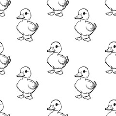 A vector seamless pattern featuring cute, hand-drawn ducklings in a simple black and white style. The ducklings are depicted in various poses, creating a playful and whimsical design.