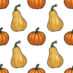 A vector seamless pattern featuring various pumpkins and squash in orange and yellow hues on a white background. The design is playful and suitable for autumn-themed decor.