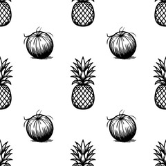A vector seamless pattern featuring hand-drawn pineapples and round shapes on a white background. The design is playful and suitable for various applications such as textiles or wallpapers.