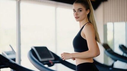 Fototapeta premium Beautiful Caucasian woman exercising on a treadmill in the gym. A lifestyle and health concept.