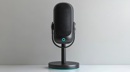 Black USB microphone on desk.