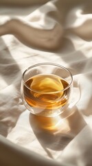 Relaxing Moment With Tea in a Clear Glass Cup on Soft Fabric Under Warm Sunlight