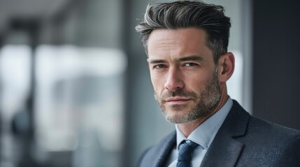 Fototapeta premium Confident businessman in navy suit, professional portrait symbolizing leadership and success