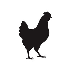 A black and white vector silhouette of a chicken flapping its wings mid-motion on a white background