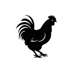 A black and white vector silhouette of a chicken pecking the ground with its head lowered on a white background