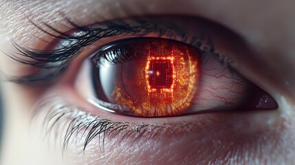 Naklejka premium Close-up human eye displaying futuristic machine interface concept. Close-up of a futuristic eye with digital elements inside.