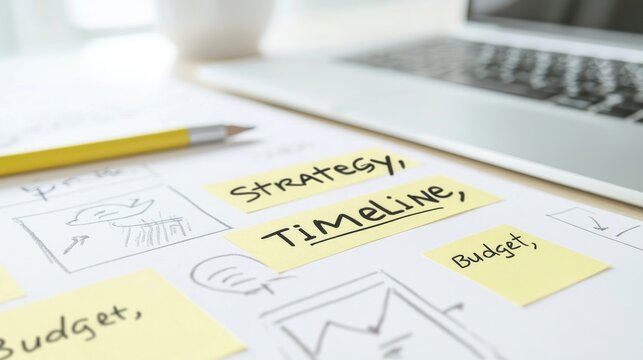 Planning a project with a strategy timeline and budget.  Sketches and sticky notes illustrate stages