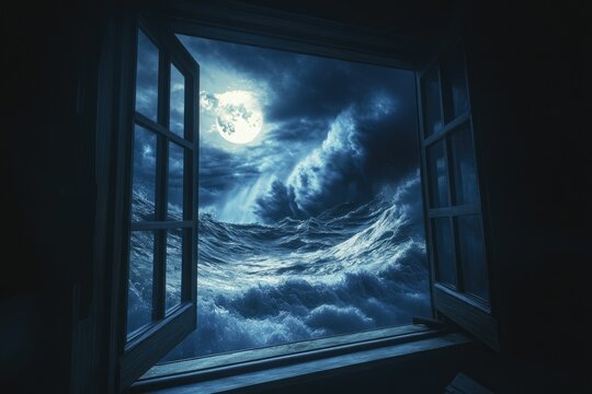 Stormy night view from an open window