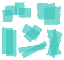 Set of blue semi-transparent washi tapes isolated on white. Tapes collection in vector. Pieces of decorative tape for scrapbooks. Torn paper. Turquoise