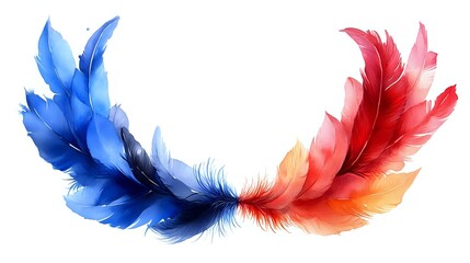 Artistic feather composition in vibrant red and blue colors forming wings shape on white background, isolated design element for creative projects.