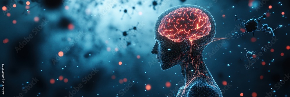 Poster human brain artificial intelligence with red glow and dark blue pixelated body on a tech background 