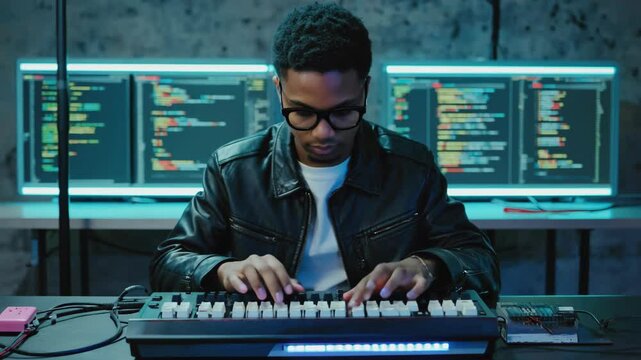 Intense hacker typing in hightech environment with multiple code displays.