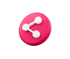 3D Pink circular icon with a white share symbol, representing content sharing. 3D Illustration.