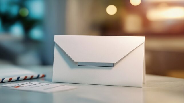 Blank white envelope mockup on table.