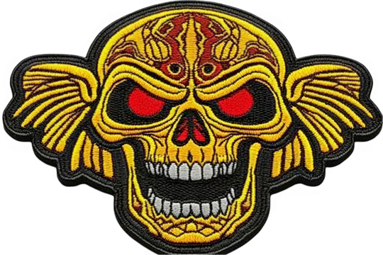Detailed Illustration of a Yellow Skull Emblem with Red Eyes and Wing Design