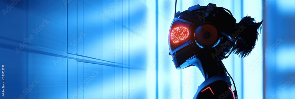 Poster pixelated cyborg silhouette with glowing red eyes and blue futuristic background depicting artificia