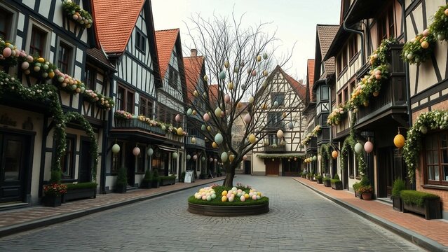 Colorful traditional houses lining a quaint street with Easter decorations and an ornament-covered tree, creating a festive and cheerful atmosphere.