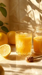 Refreshing Lemon and Ginger Drink With Honey on a Bright Yellow Background