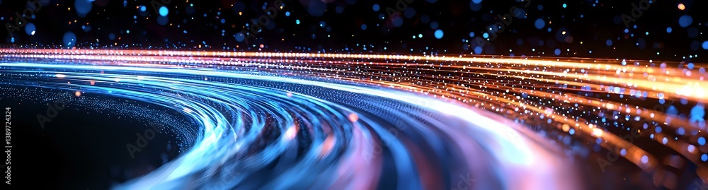 Poster curved light trails creating dynamic motion effect against dark background with glowing particles an