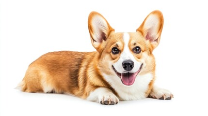 Adorable corgi lying down against white background.  Use Stock photo