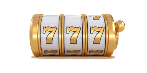 Gold And White 3D Illustration Of Slot Machine With 777 Symbols