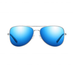 Stylish sunglasses with blue lenses on a white isolated background, perfect for summer fashion and outdoor activities.