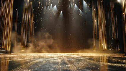 Golden stage, awards ceremony, spotlight, glitter, dramatic lighting