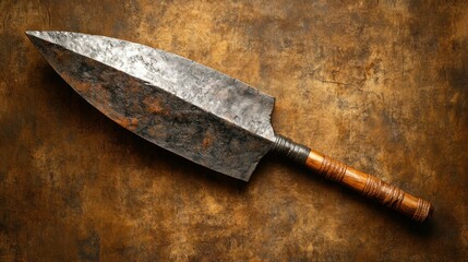 Antique spearhead, weathered and aged.  Detailed view of a long, pointed blade affixed to a wooden haft.  Rustic, dark brown and gray tones.  Ancient, historical artifact