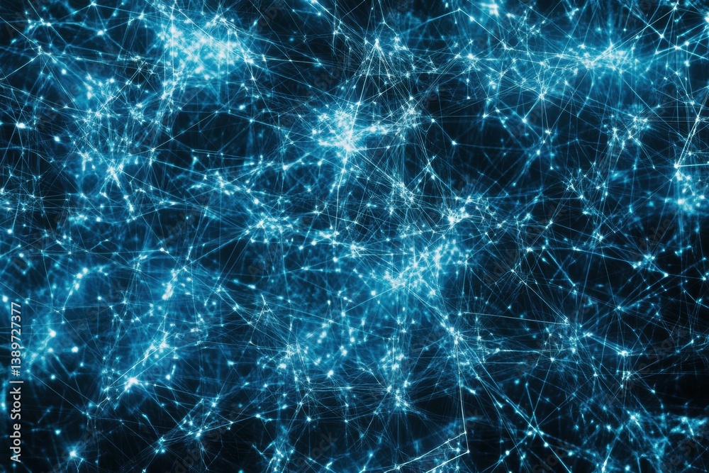 Poster Explore the depth of a futuristic digital network comprised of glowing nodes interconnected by thin lines in a deep blue and white theme