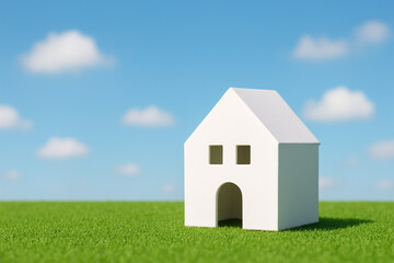 青空と緑の中にたたずむ白い家の模型