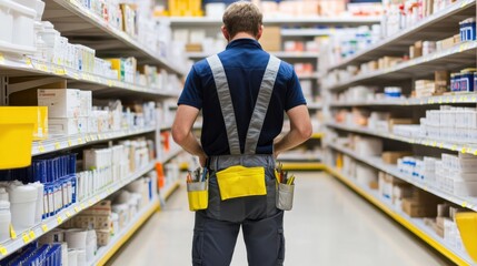 A builder surveys tools and supplies along spacious, organized shelves in a construction store, epitomizing focus and readiness.